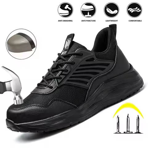 Men's Steel Toe Safety Shoes Anti-Crush And Piercing Fashion Pure Black Work Shoes for Comfort And P