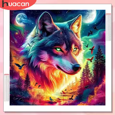 HUACAN Diamond Art 5d Wolf Animal Diy Home Decor Diamond Mosaic Sunset Mountain Painting Cross Stitc