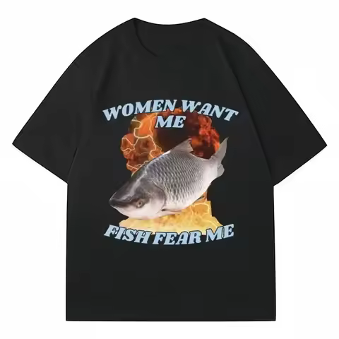 Harajuku Vintage Fishing T Shirts Funny Tops Want Me Fish Fear Me Meme Graphic T-Shirt Fashion Tees 