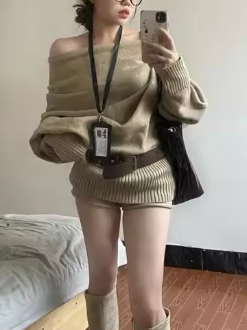 Autumn Winter Korean Knit Outfits 2 Piece Set Women Long Sleeve Off Shoulder Sweater + Coquette Shor