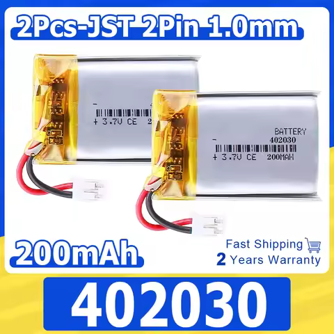 2pcs 3.7v 200mah 0.74Wh Li Lithium Battery 402030 Li-ion Cell JST 2pin1.0mm Connector For Mouse Blue