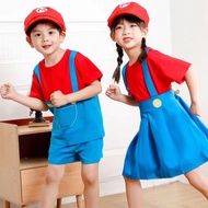 Halloween Costume Children's Clothing Super Mario Suit Mario Sisters Costume Tap Party Children's School Uniform Performance Costume Boys Girls Suit Skirt Shorts Brother Sister Costume School Party Drag Party Masquera