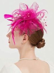 派對新娘羽毛髮飾配面紗夾，花卉精緻頭飾禮帽，波西米亞風格適用於女性