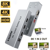 8K HDMI Splitter 1x2 4K 120Hz HDMI 2.1 Splitter 1 In 2 Out Audio Video Distributor HDR 3D for PS5 PS4 Camera PC To TV Monitor