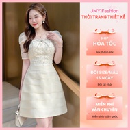 (FIRE) V452, RC430 Cream tafta dress mixed with chiffon with embossed flowers, square neck, puffed s