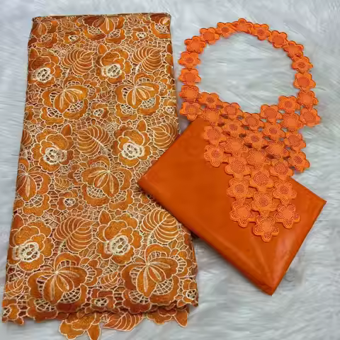 Gold 2.5yards Bazin Riche Fabric with 2.5yards Cotton Lace Embroidery Fabrics and Collar African Mat