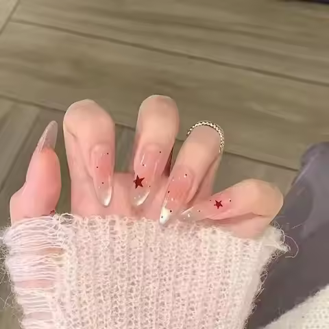 10CS Medium Almond Cat Eyes Style Fake Nails- Press On Nails Star Design-1pc Nail File & 1Nail Glue 