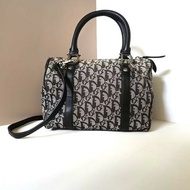 【LA LUNE】稀有中古包 Dior黑灰色老花波士頓包 斜背包 側背包 單肩包包