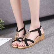 AE2 MAY Women Wedge Heel Beaded Sandals All-match Comfortable Flat Cross Strap Shoe