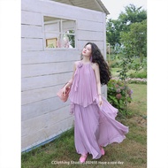 Mùa Hè Mori Girl Phong Cách Áo Màu Tím Vải Xếp Váy Nửa Chiều Dài Bộ Áo Cao Cấp Thiết Kế Bất Đối Xứng