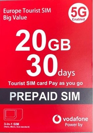 Vodafone - 【歐洲 29個國家和地區】30日 5G/4G 無限上網數據卡 (20GB高速數據) [H20A255]