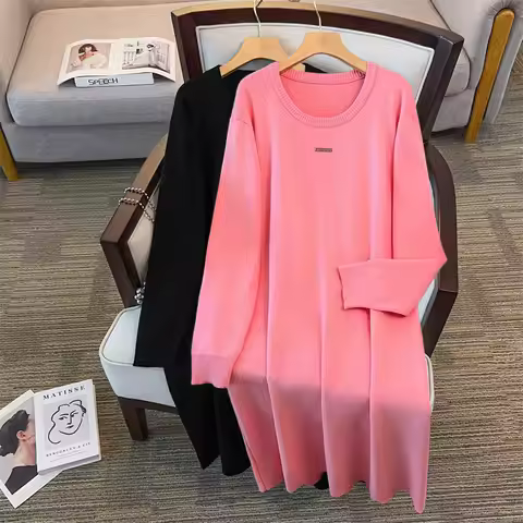155Kg Plus Size Women's Bust 160 Autumn Winter Long O-Neck Long Sleeved Sweater Dress Black Pink 4XL