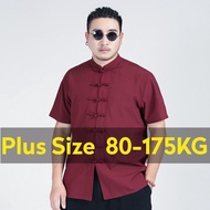 【Plus Size】80-175KG Men Casual Plain Short Sleeve Tops Man Large Big Oversized Mandarin Collar Knot 