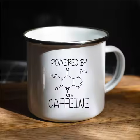 Powered by caffeine Enamel Camping Mug. company office coffee mug friends birthday gift mug
