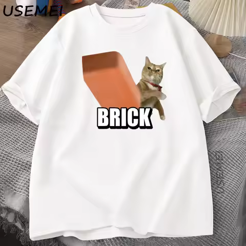 Funny Cat Throwing Brick Meme Lightweight T-shirt for Men Women Leisure Cotton T Shirt Round Neck Fa