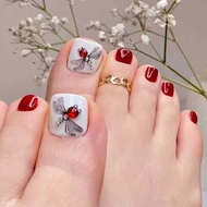 24Pcs Simple Fake Toenails Rhinestone Dragoy Designs Summer Red/White Press On Toe Short Stick-on Fa