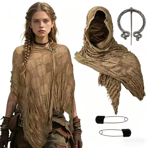 Medieval Cloak Renaissance Costume Cape Wrap Dune Wasteland Hooded Shawl With Viking Brooch Cowl Sca