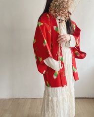 日本製和風幾何印花紅色古著羽織和服外套
