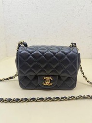 Chanel 香奈兒 晶片款 黑金方胖子羊皮單肩斜挎鏈條包16cm