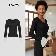 (trendy3)Lovito Casual Plain Fabric Stitching Trumpet Sleeve T-Shirt for Women L98AD033 Lovito Kaos 