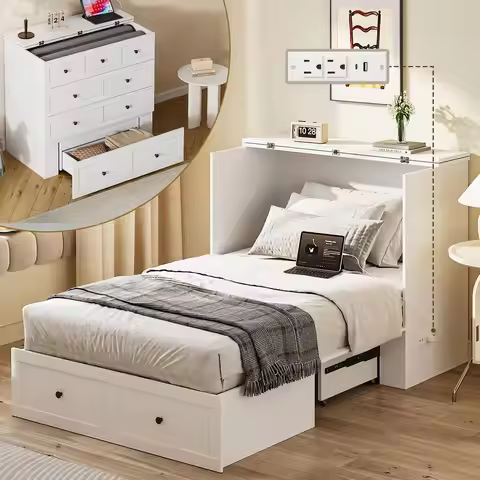 Twin Murphy Bed with Builtin Charging Station, SpaceSaving Murphy Bed Chest Twin with Drawer, Foldab