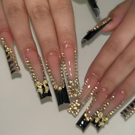 Wearing Nails Long Style Strobe Nails Nails Bows Fake Nails Rhinestones 24 Pieces Box Black Wearing 