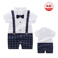 BB衫夏季薄款 男嬰紳士西服 週歲抓周禮服 滿月百天連體衣- 藍格子背帶P 80cm