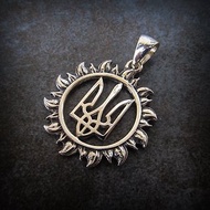 Silver trident in the sun necklace pendant,ukrainian silver emblem tryzub in sun