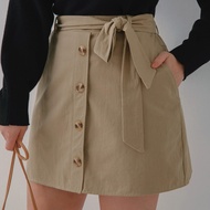 AIR SPACE PLUS Medium Large Size Breasted Elastic A-Line Slim-Fit Skirt (With Belt) (Khaki)