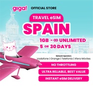giga! Spain Travel eSIM 1GB - 10GB+Unlimited | 5 - 30 Days