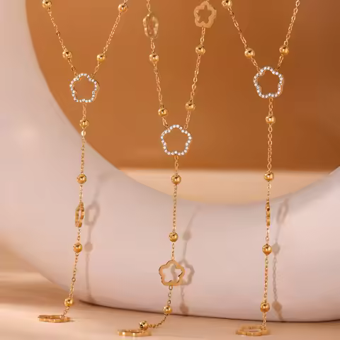 Liora Long Flower Chain Stainless Steel Zircon Necklaces For Women PVD Gold Plated Metal Female Coll