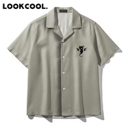 KEMEJA LOOKCOOL Sage Green Minimalist Shadow Dragon Short Sleeve Premium Shirt Kemeja Lelaki