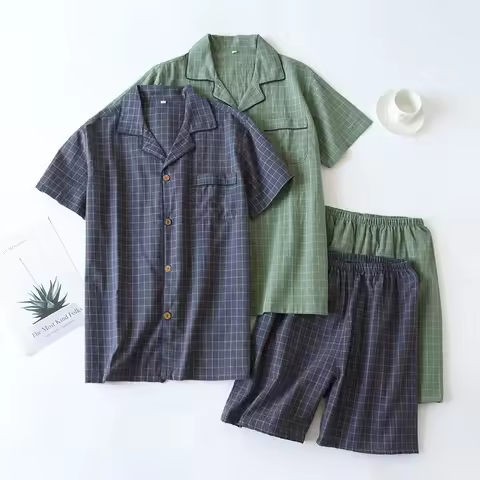 Men's Shorts Pajamas Suit for Summer Thin Short-sleeved Shorts Cotton Simple Plaid Design Pantalon P