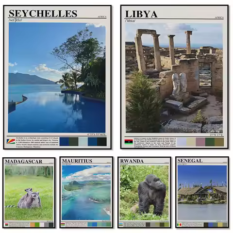 Seychelles, Senegal, Rwanda, Mauritius, Mauritania, Mali, Madagascar, Libya, Mount Kilimanjaro, Leso