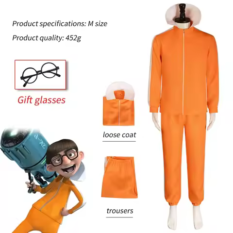 Movie Vector Cosplay Costume Orange Jakect Pant Glasses Outfits Set Mushroom-shaped Wig Halloween Fa