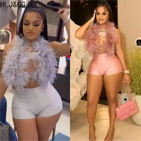 HLJ&GG Fashion Y2K Fur Hollow Out Streetwear Women Sleeveless Slim Crop Top And Shorts Outfits Femal