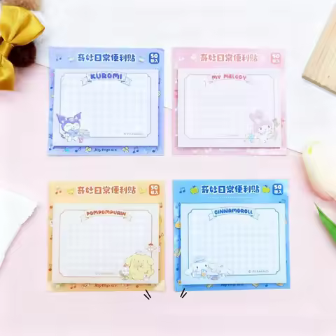 50Pcs Genuine Sanrio Series Sticky Notes Kawaii Kuromi Melody Cinnamoroll Cartoon Stationery Memo Pa