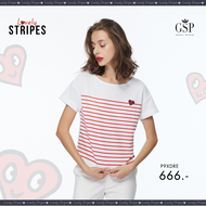 เสื้อยืด เสื้อยืดผู้หญิง GSP Blouse เสื้อยืดคอกลม แขนสั้น ดีไซน์ไหล่เลยทำให้ใส่สบายไม่อึดอัด ลายริ้วสีแดง Lovely Stripes (P9XDRE)