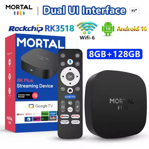T1+RK3518 Rockchip Smart TV Box BT5.4 Android 16.0 ROM 128GB RAM 8GB Wifi6 8K Voice Assistant Media 