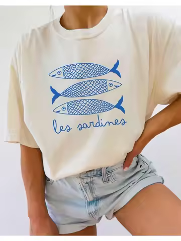 INAWLY Sardine Print Women T Shirt Canned Fish Casual Shirt Tomato Girl Coastal Summer Girl Fashiona