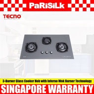 TECNO T 3388TGSV 3-Burner Glass Cooker Hob with Inferno Wok Burner Technology (88cm) (Nardo Grey)