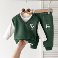 3pcs/Set Baby Boy Unisex Infant Toddler 6M-3T Collegiate NY Print Long Sleeve Top + Printed Solid Co
