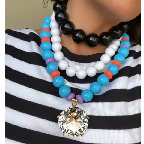Turquoise beaded Necklace Women Creative crystal pave stone Statement Jewelry Gift pendant Charms Ac