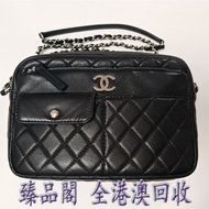 Chanel 香奈兒 皮革相機包 斜背 肩背鏈條 手袋 camera bag 黑銀