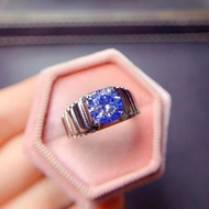 莫桑石男士戒指，2 克拉藍色莫桑石戒指，莫桑石銀戒指