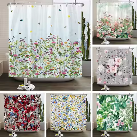 Elegant Flowers Shower Curtain 180x180cm Floral Shower Curtain Polyester Bath Curtain Bathroom Decor