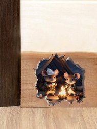 1入組3d老鼠洞牆貼,可愛露營老鼠自粘牆貼,有趣的動物卡通藝術可拆卸貼紙,適用於臥室,宿舍
