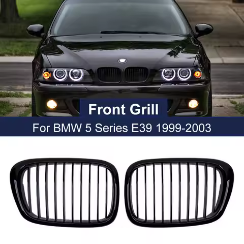 2PCS Front Bumper Kidney Grille Glossy Black Single Line One Slat for BMW 5 Series E39 M5 1999-2004 