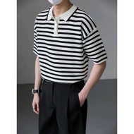 Design Striped Lapel POLO Shirt Men's Half-Sleeve POLO T-Shirt Summer POLO Top Trendy Loose Half-Sleeve POLO T-Shirt