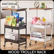 Wood Top Trolley Multipurpose Push Cart Tray Storage Shelf Kitchen Organiser 3 Tier Storage Rack  Side Table Coffee table